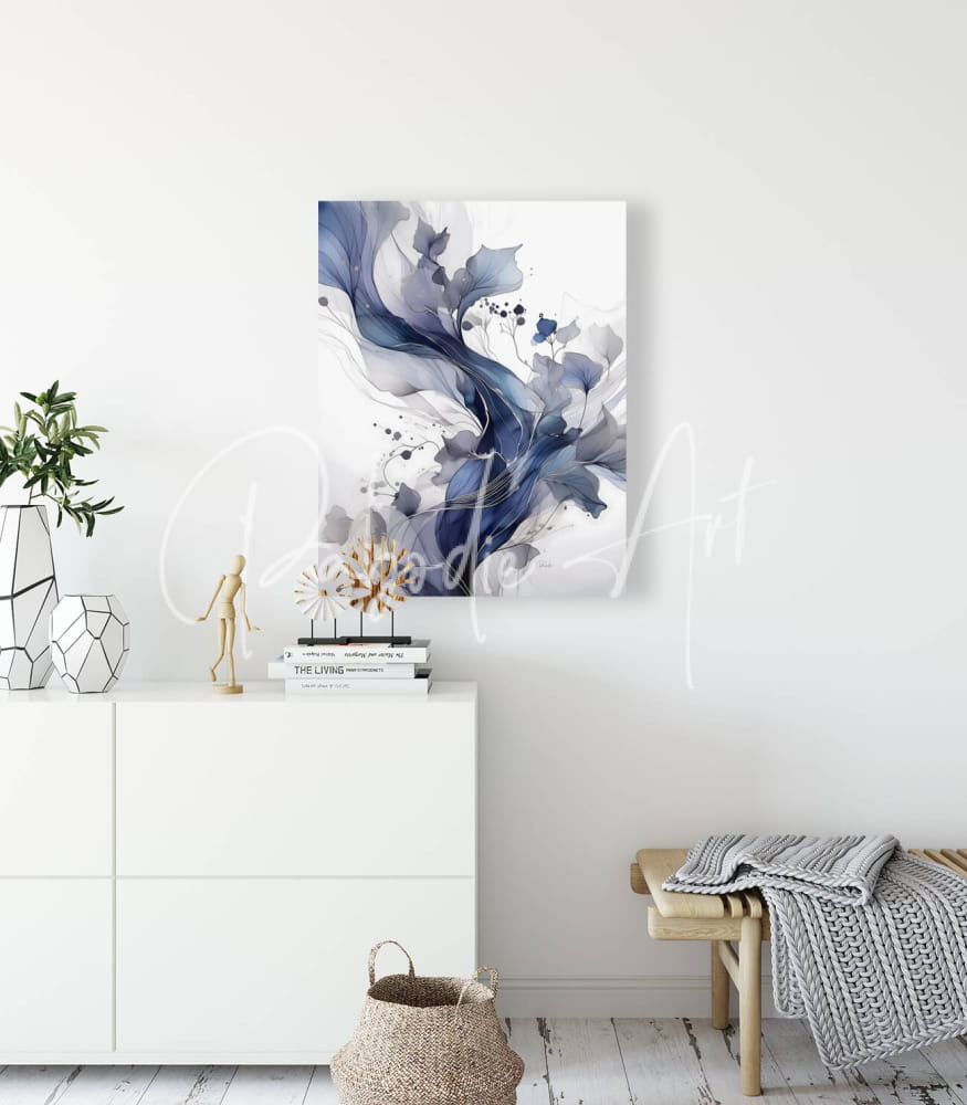 A contemporary flows iv modern abstract painting with flowing blue and white watercolor splashes on canvas in a minimalist room