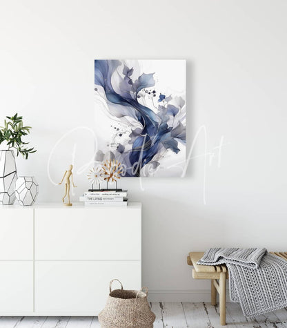 A contemporary flows iv modern abstract painting with flowing blue and white watercolor splashes on canvas in a minimalist room