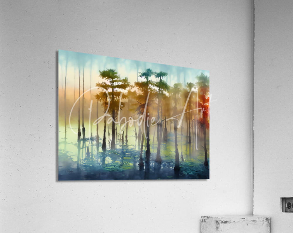 Watercolor-style acrylic print of tall cypress trees in a misty swamp with blue green and orange hues