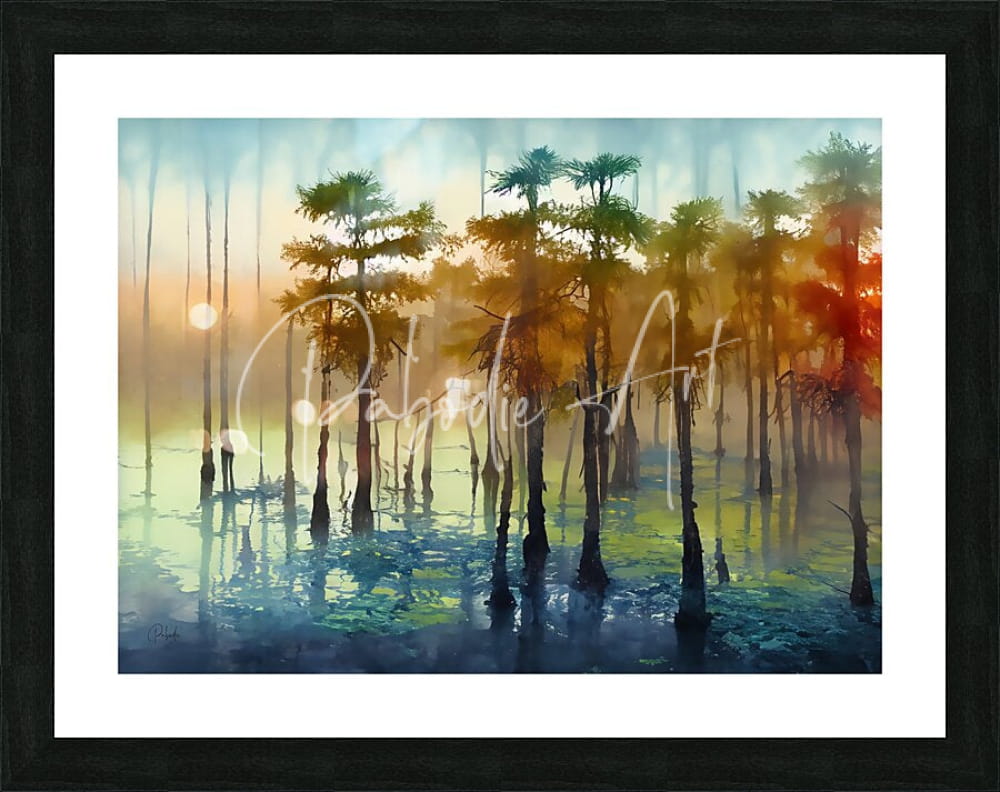 Framed watercolor painting of misty swamp with tall cypress trees in soft blues greens and warm oranges titled cypress trees in the swamp