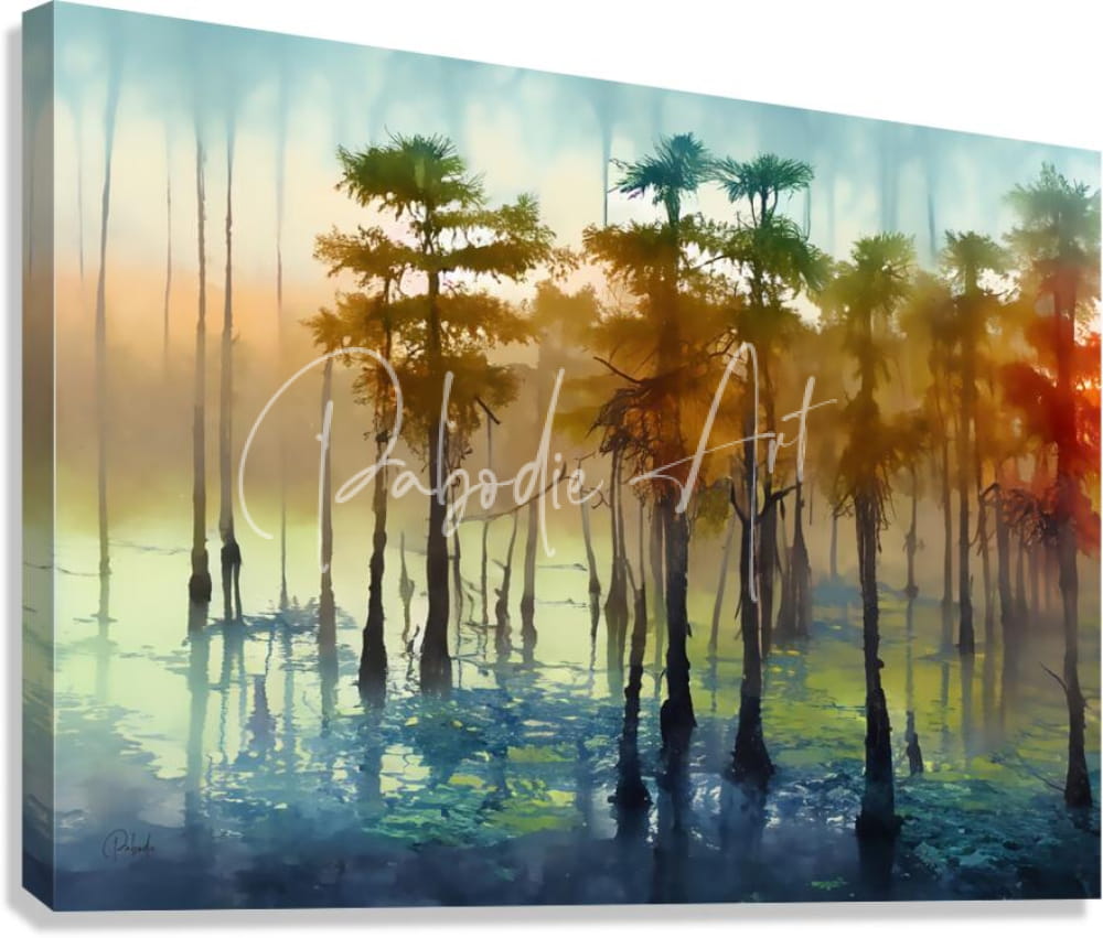 A rectangular canvas print titled cypress trees in the swamp featuring a watercolor forest with colorful misty water reflections