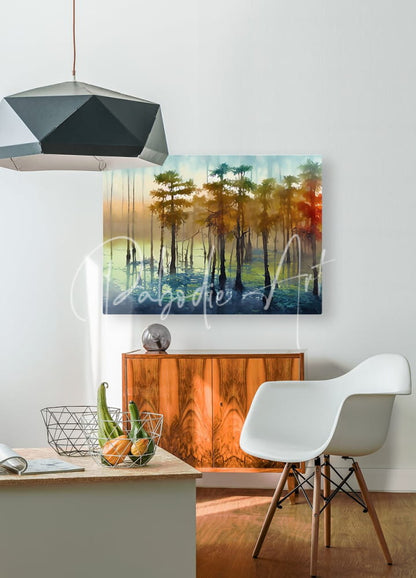 A rectangular canvas painting titled cypress trees in the swamp features watercolor tall trees in autumn hues on a white wall