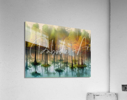 Abstract landscape painting cypress trees in the swamp ii with tall slender trees reflected in teal water under warm sky