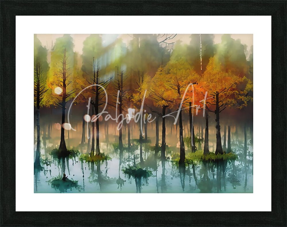 Black-framed art print of cypress trees in the swamp ii featuring a misty autumnal scene with orange and green reflections