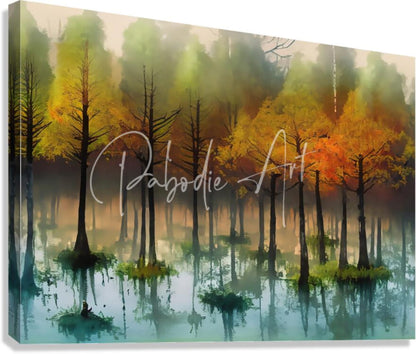 Rectangular canvas print of cypress trees in the swamp ii showing a misty forest with autumn hues reflected in calm water