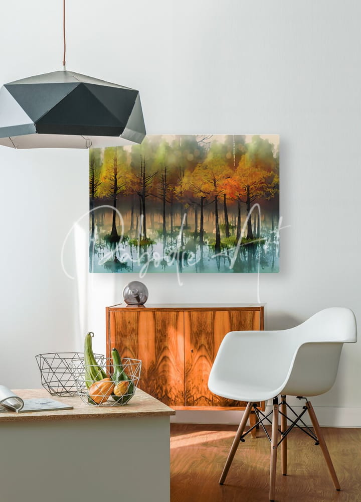 A rectangular canvas print of cypress trees in the swamp ii with misty autumn forest reflected in calm water