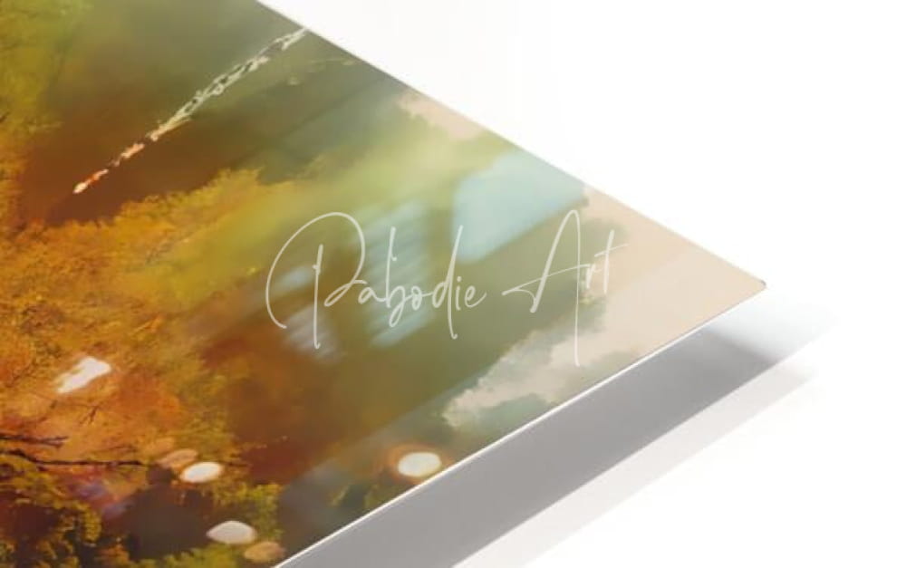 A sleek modern acrylic print cypress trees in the swamp ii with soft-focus autumn forest in warm golden and green hues
