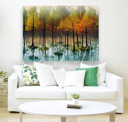 A vibrant canvas painting of cypress trees in the swamp with autumn colors reflected in calm blue water