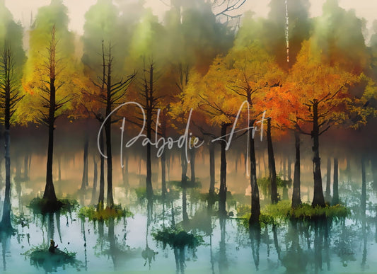 Autumnal forest scene with cypress trees displaying vibrant orange and yellow foliage reflected in calm swamp water