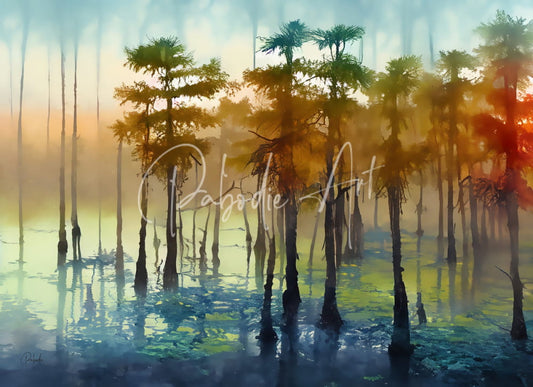 Watercolor painting of tall slender cypress trees with green and orange foliage standing in misty swamp water