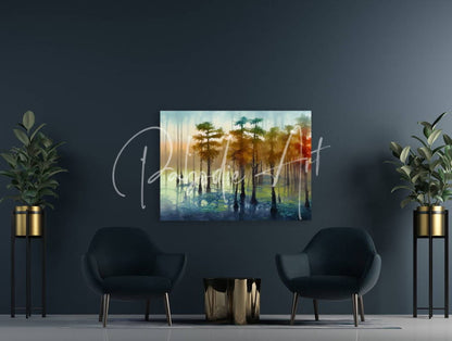 Rectangular canvas painting titled cypress trees in the swamp featuring misty forest with silhouetted trees and gradient sky