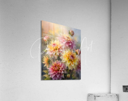 A vibrant watercolor painting of pink yellow and peach dahlia blooms and buds displayed on a white wall