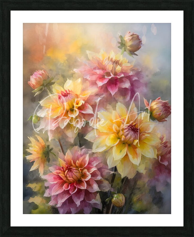 A framed watercolor painting of vibrant pink yellow and purple dahlia blooms and buds