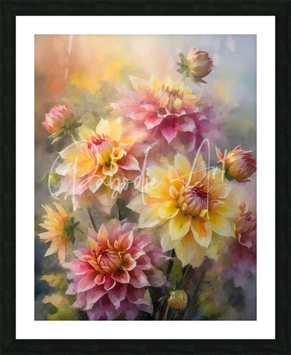 A framed watercolor painting of vibrant pink yellow and purple dahlia blooms and buds