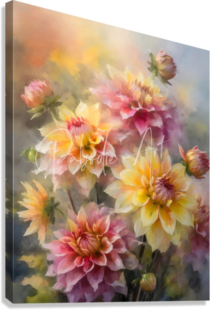 A vibrant canvas print titled dahlia blooms and buds featuring a lush bouquet of pink and yellow dahlia flowers