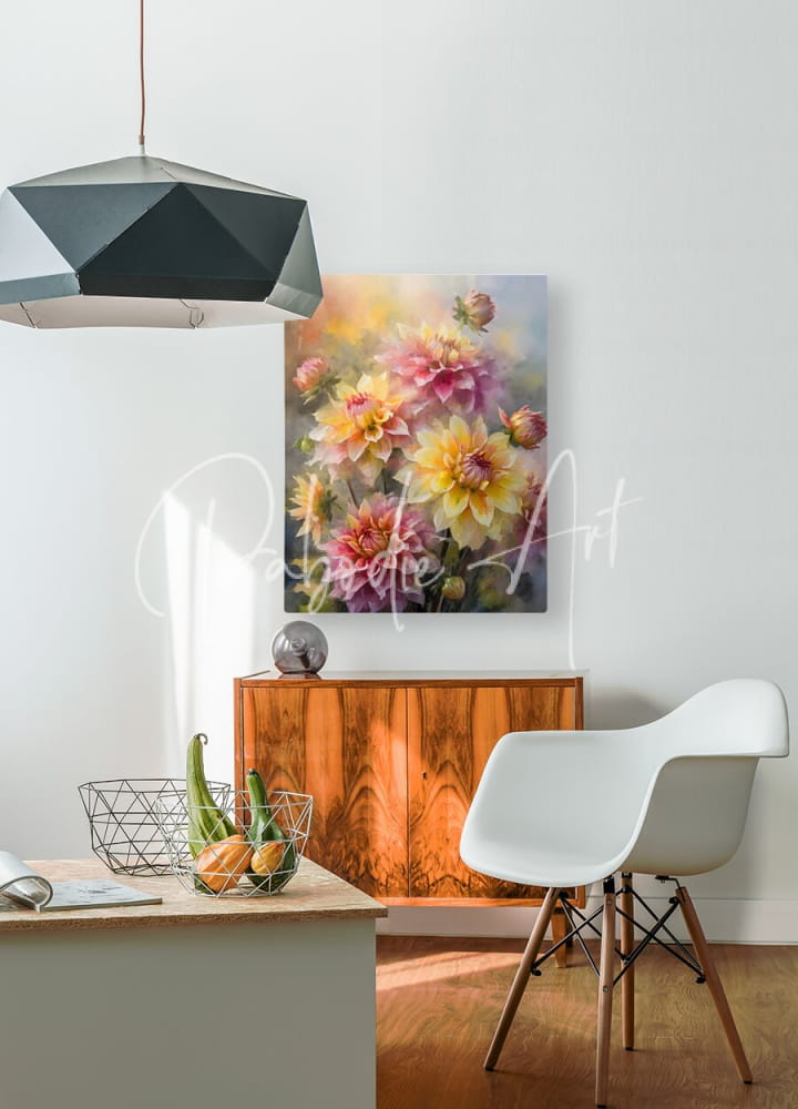 A vibrant canvas print titled dahlia blooms and buds featuring pink yellow and peach dahlia bouquet with blurred background