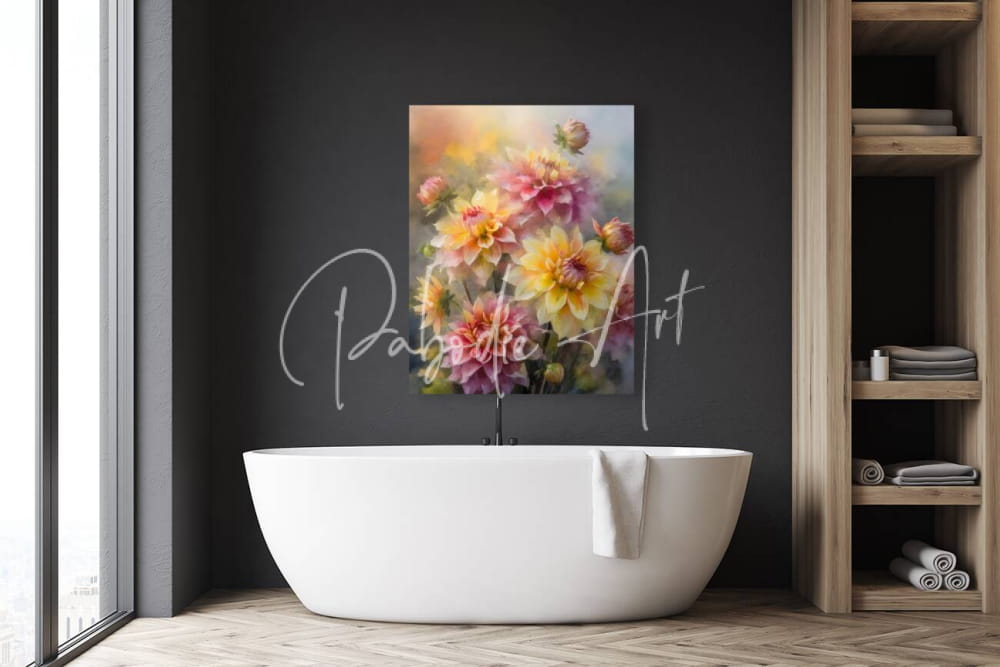 A vibrant floral canvas painting dahlia blooms and buds with soft pink yellow and peach dahlias on a dark wall