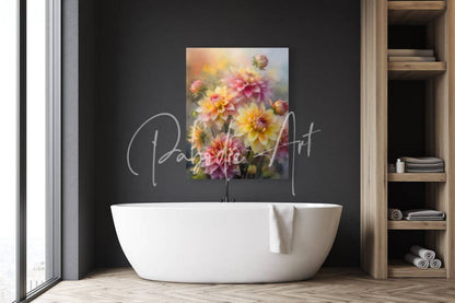 A vibrant floral canvas painting dahlia blooms and buds with soft pink yellow and peach dahlias on a dark wall