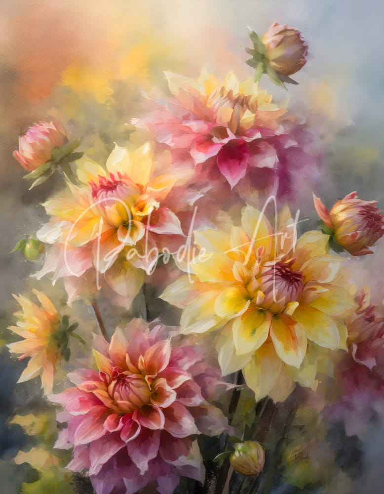 A vibrant bouquet of dahlia blooms and buds in soft yellow pink and purple with delicate layered petals