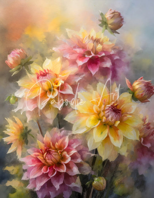 A vibrant bouquet of painted dahlia blooms and buds in soft yellow pink and purple with delicate layered petals