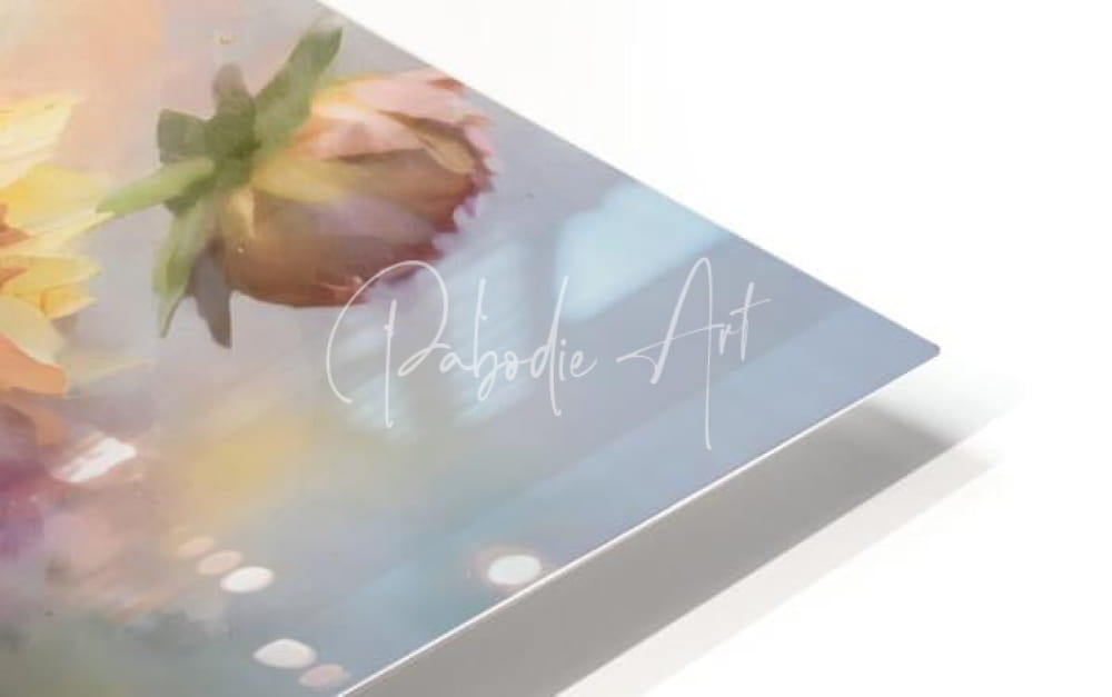 A dahlia blooms and buds soft watercolor print featuring a rose with green stem on light blue background by pabodie art