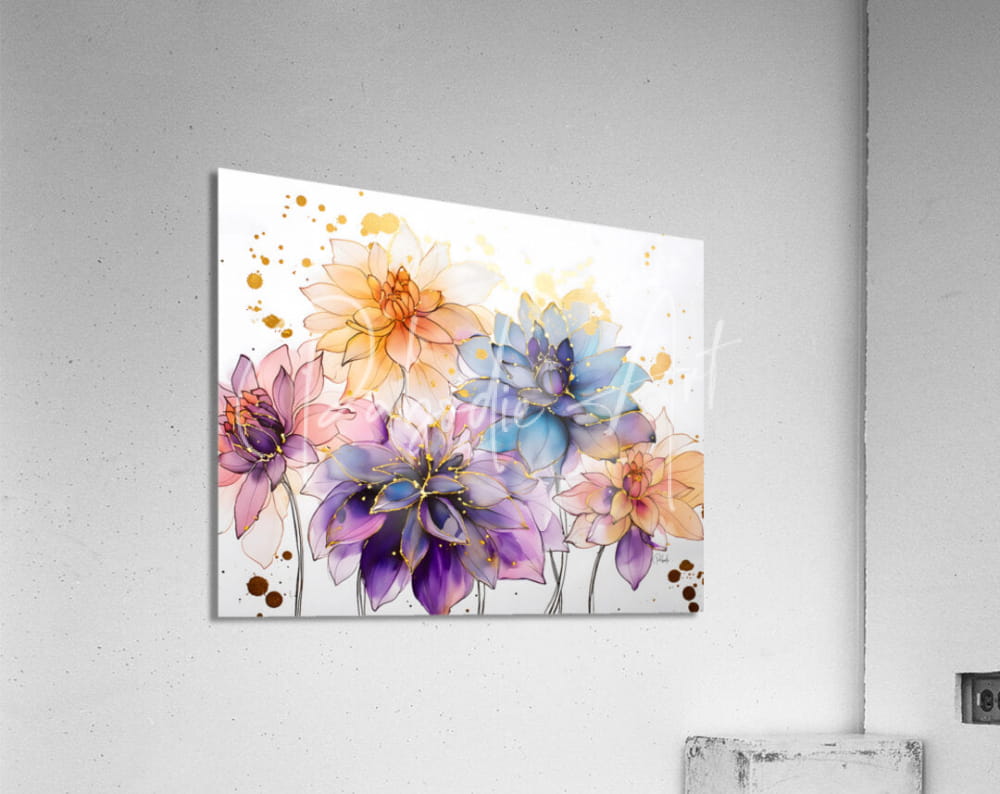 Dahlias study I watercolor floral artwork featuring vibrant purple, blue, and peach blossoms with gold accents on white