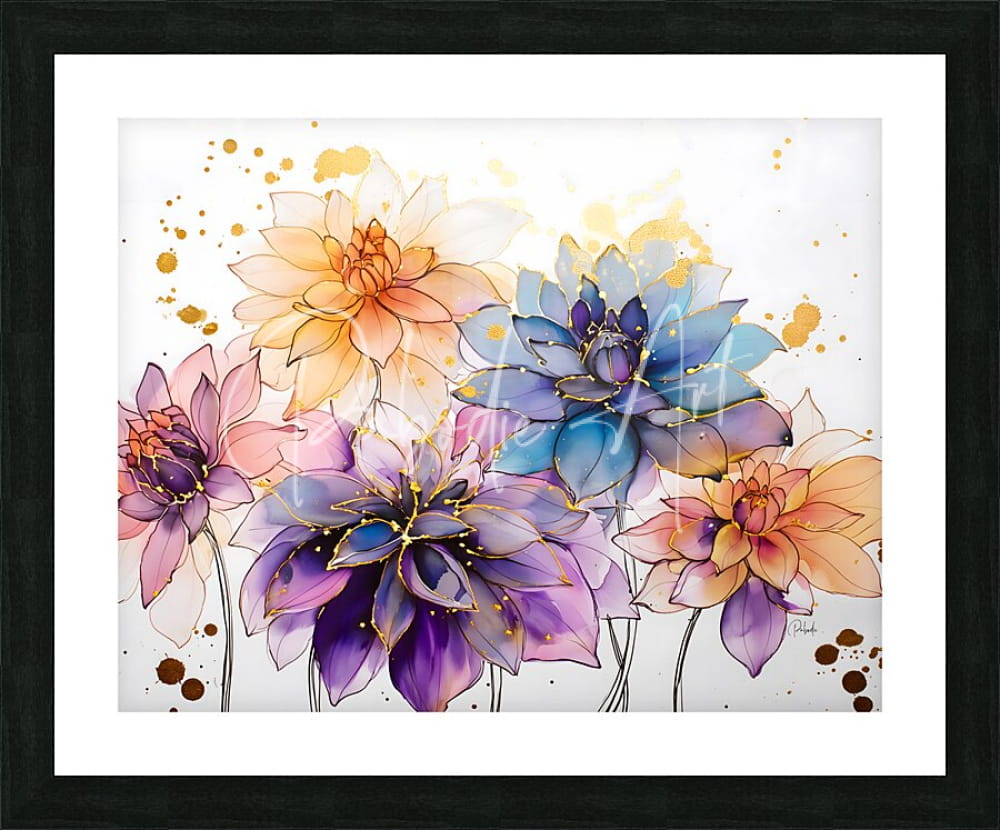 A vibrant watercolor artwork titled dahlias study i featuring stylized purple blue and peach flowers with gold accents
