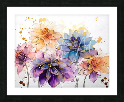A vibrant watercolor artwork titled dahlias study i featuring stylized purple blue and peach flowers with gold accents