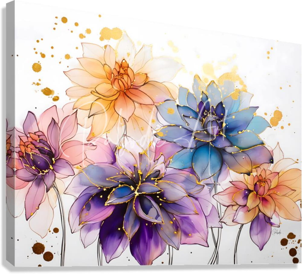 A vibrant watercolor canvas painting titled dahlias study i featuring blooming purple blue and peach dahlias with gold accents