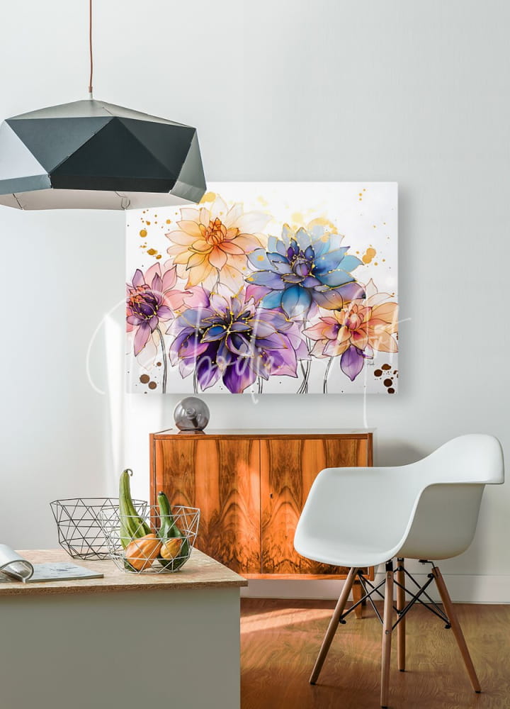 Dahlias study i watercolor floral canvas painting featuring vibrant purple blue and orange dahlias on white background