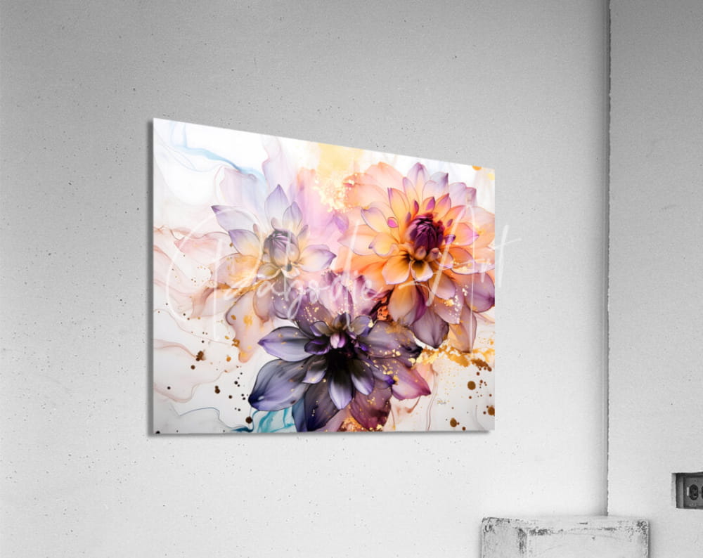 Dahlias study ii watercolor floral artwork with soft pastel pink orange purple hues on a translucent acrylic panel