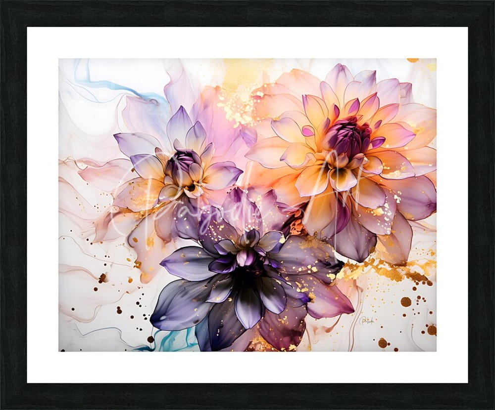 A framed artwork titled dahlias study ii featuring three large soft purple and pink watercolor dahlias with golden splatters on white