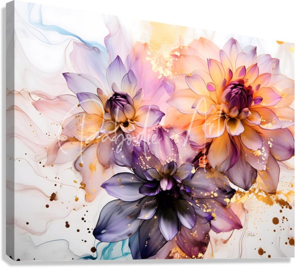 A vibrant abstract floral canvas titled dahlias study ii featuring watercolor-like purple pink and orange dahlias with gold splatters