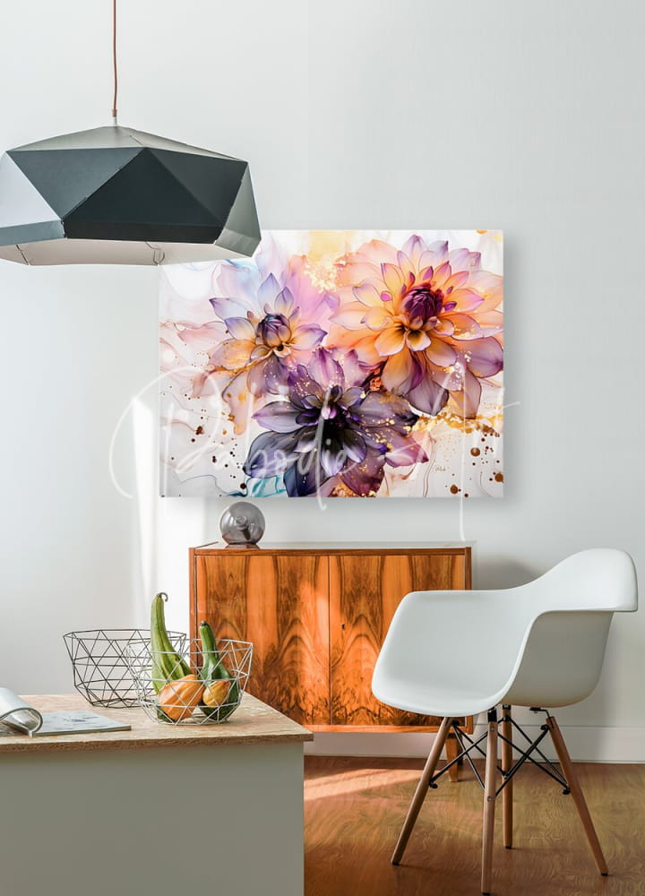 A vibrant watercolor painting titled dahlias study ii featuring layered purple and orange dahlias with splattered accents on wall