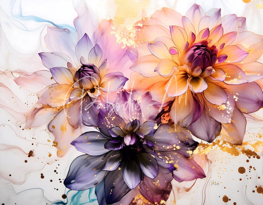 A vibrant abstract painting dahlias study ii with three layered purple pink and orange dahlias and gold leaf accents