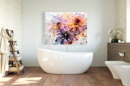 A vibrant watercolor painting titled dahlias study ii featuring purple and orange flowers above a freestanding bathtub