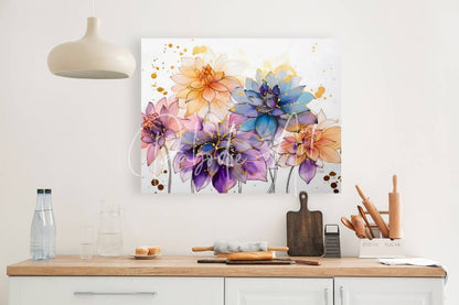 Dahlias study i watercolor floral canvas featuring vibrant purple blue orange blossoms with golden splatters on white background