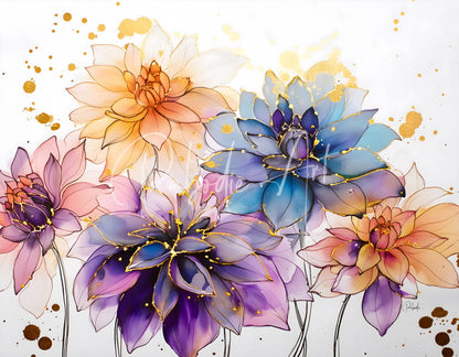 A vibrant watercolor painting titled dahlias study i featuring layered translucent orange purple and blue dahlia flowers with gold accents