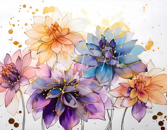 A vibrant watercolor painting titled dahlias study i featuring layered translucent orange purple and blue dahlia flowers with gold accents