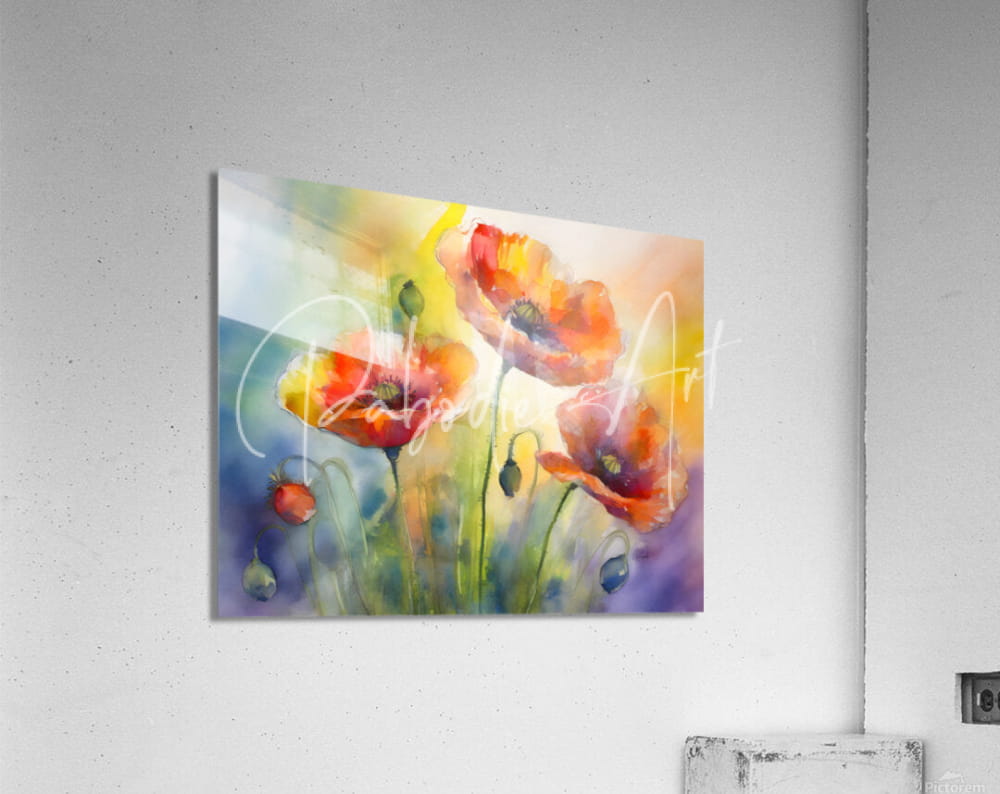 Vibrant watercolor poppy artwork in red and orange on a glossy acrylic panel titled dancing poppies wall art