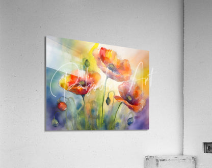 Vibrant watercolor poppy artwork in red and orange on a glossy acrylic panel titled dancing poppies wall art