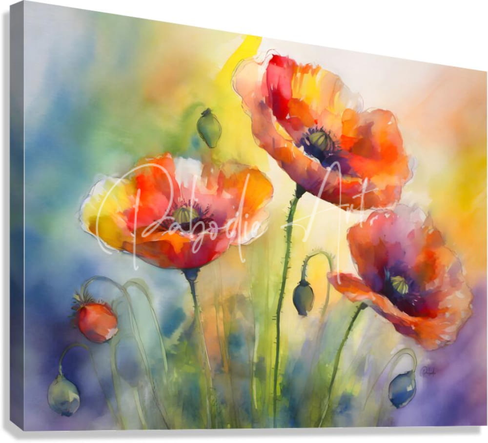 Vibrant watercolor canvas print titled dancing poppies featuring bold red and orange poppies with blue green and purple hues