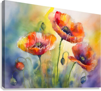 Vibrant watercolor canvas print titled dancing poppies featuring bold red and orange poppies with blue green and purple hues