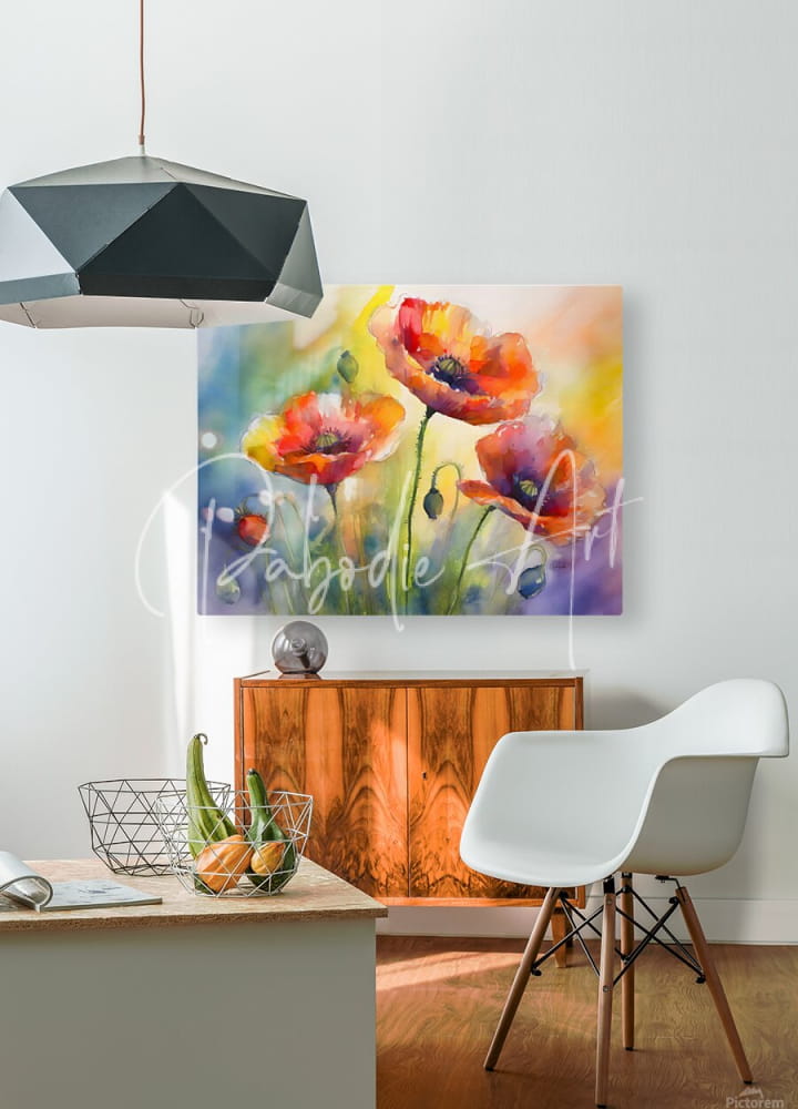 Vibrant watercolor poppy painting titled dancing poppies featuring bold reds oranges and purples on rectangular canvas