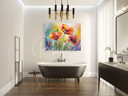 Vibrant acrylic painting titled dancing poppies featuring bold red and orange poppies on soft blue and yellow canvas