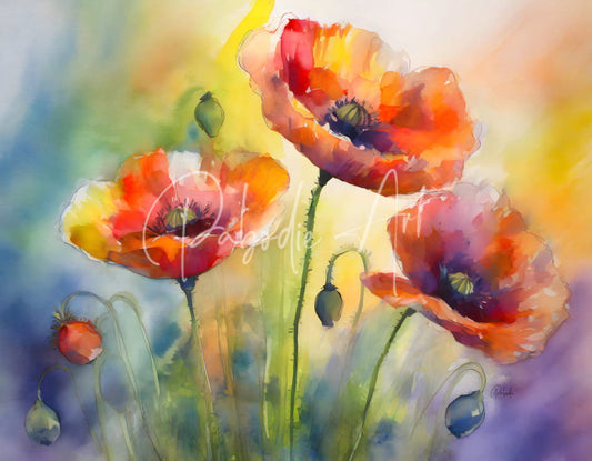 Vibrant watercolor dancing poppies featuring orange red and yellow flowers with dark purple centers on fabric print