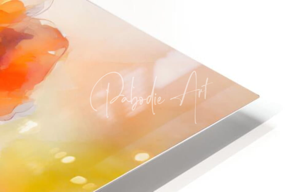 Acrylic print dancing poppies with a warm orange and yellow watercolor blend and white cursive pabodie art text