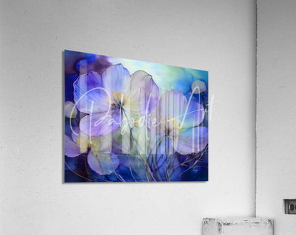 A rectangular acrylic print titled dancing viola watercolor featuring soft purple and blue flowers with yellow centers