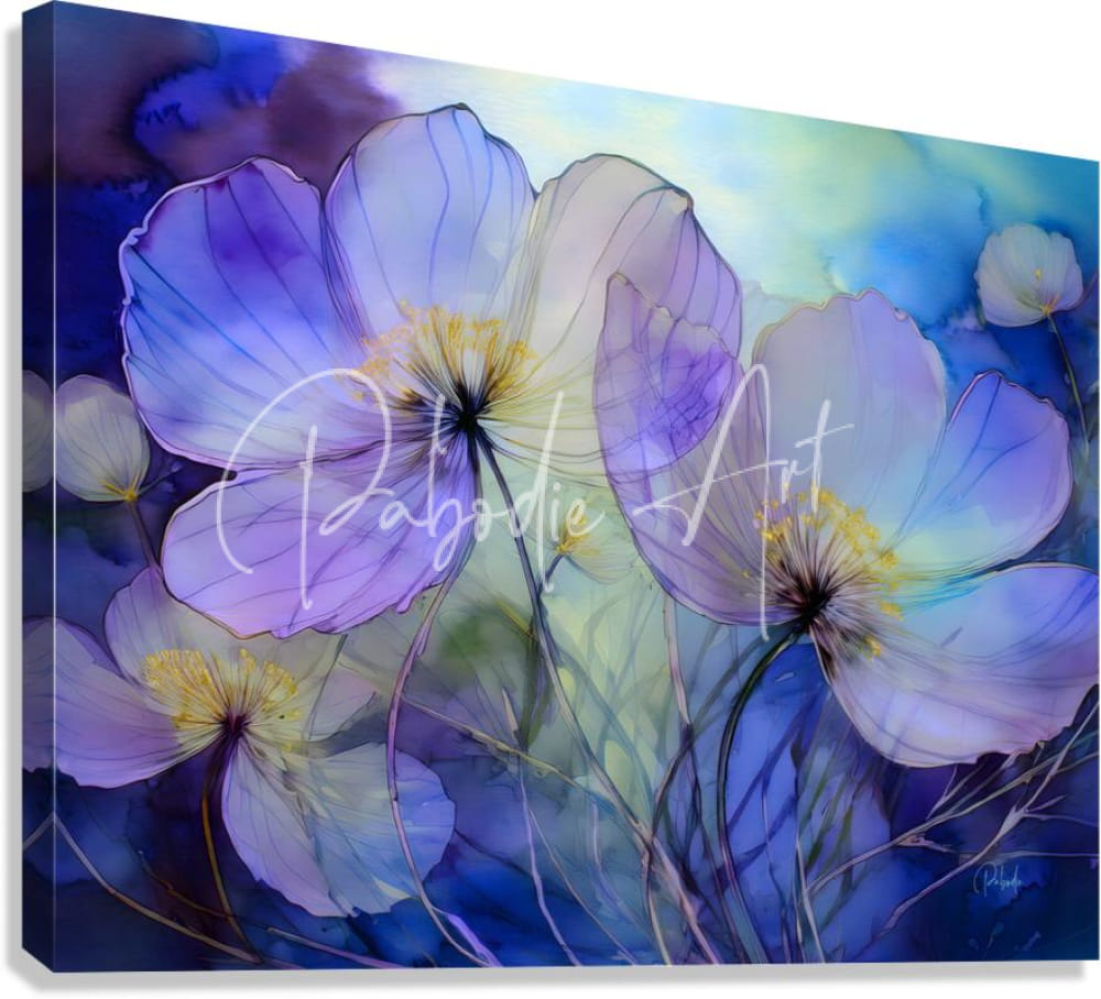 Dancing viola watercolor canvas print featuring delicate purple and blue flowers with yellow centers on stretched frame