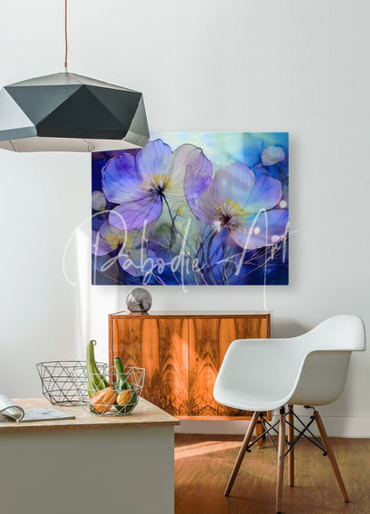 A vibrant blue and purple floral watercolor canvas painting with soft petals titled dancing viola hanging on a white wall